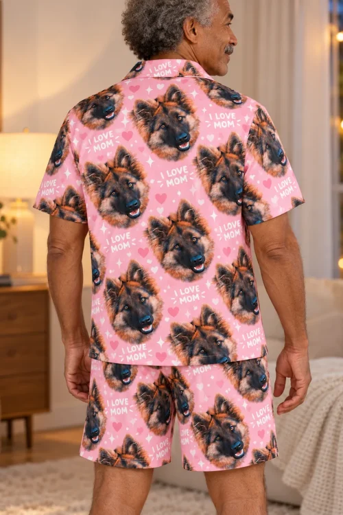 Back view of older man in a cozy living room in a pink I Love Mom short pajama set with German shepherd faces