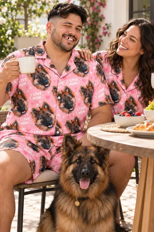 Couple having patio breakfast in pink I Love Mom German shepherd pajama sets as their German shepherd sits in front