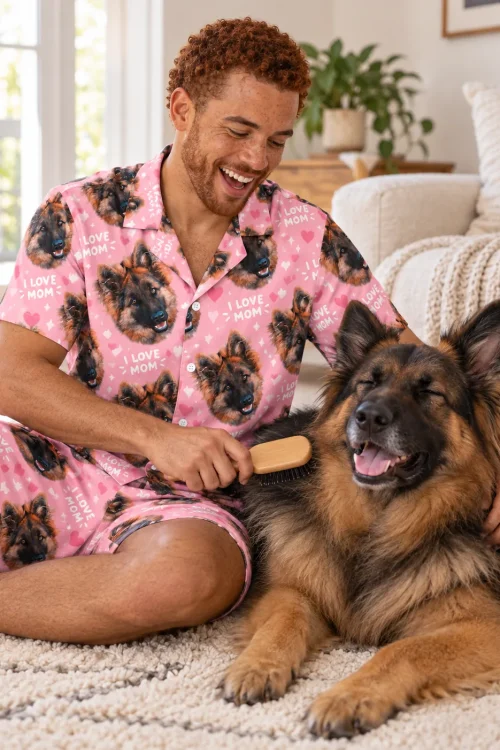 Laughing man brushes his German shepherd on a rug, wearing a pink I Love Mom German shepherd face short pajama set