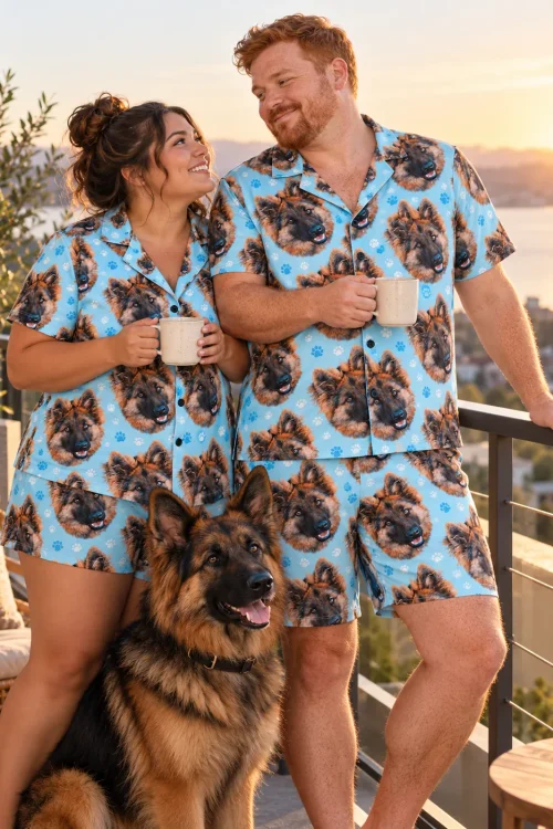 Couple with mugs on a sunset balcony in light blue paw print German shepherd pajama sets with their German shepherd