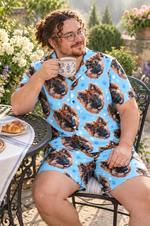 Man sipping tea at a garden bistro table in a light blue paw print short pajama set with German shepherd faces
