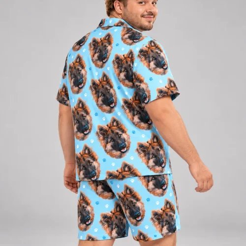 Men's Light Blue Paw Print Pajama Set with Your Pet's Face