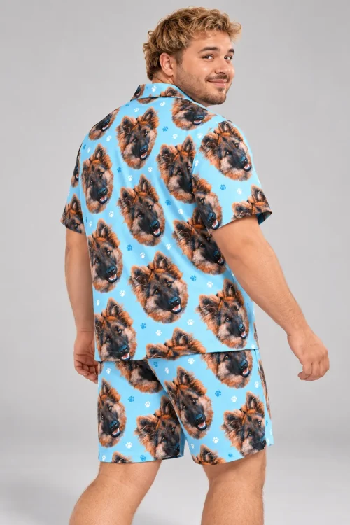 Men's Light Blue Paw Print Pajama Set with Your Pet's Face