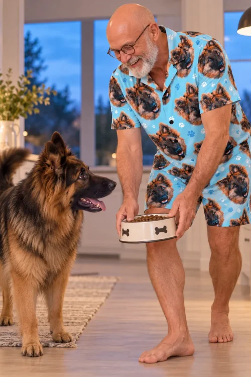 Bearded man in glasses serves a food bowl to his German shepherd in a kitchen, in a light blue paw print pajama set