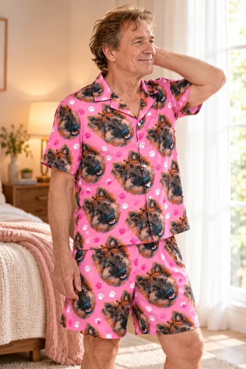 Man stretching by a sunny bedroom window in a pink paw print short pajama set printed with German shepherd faces