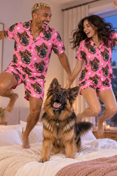 Couple jumping on a bed in pink paw print German shepherd pajama sets as their happy German shepherd sits between them