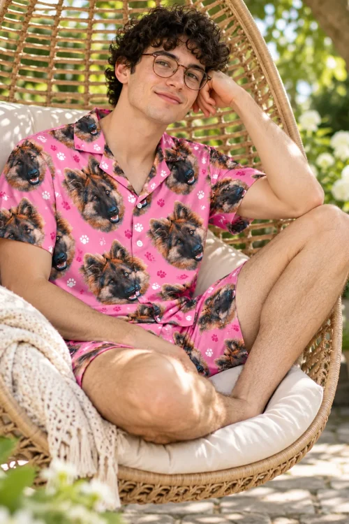Young man in glasses lounging in a wicker egg chair in a garden, wearing a pink paw print German shepherd pajama set