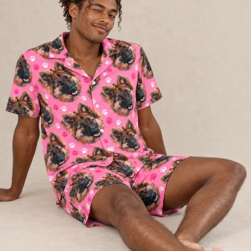 Men's Pink Paw Print Pajama Set with Your Pet's Face