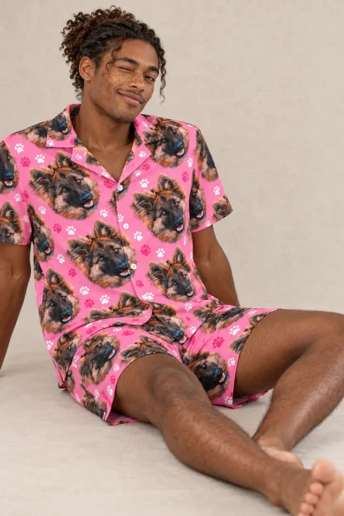 Men's Pink Paw Print Pajama Set with Your Pet's Face
