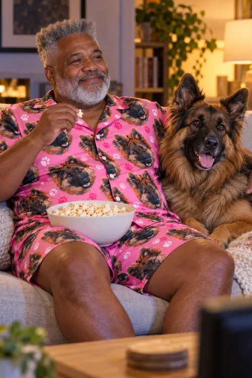 Grey-bearded man eats popcorn on a sofa beside his German shepherd, wearing a pink paw print German shepherd pajama set