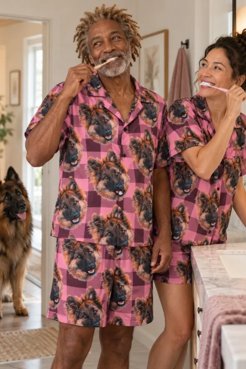 Couple brushing teeth in pink plaid German shepherd pajama sets while their German shepherd watches from the doorway