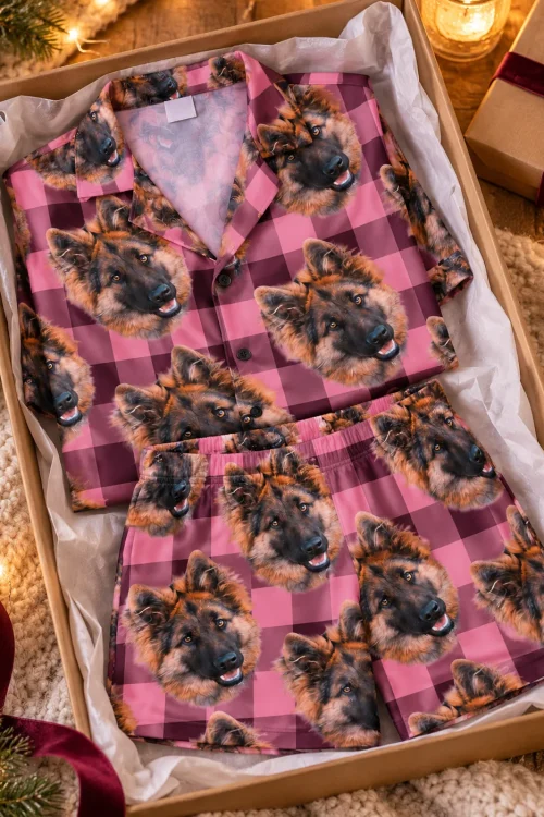 Pink plaid short pajama set with German shepherd faces folded in a gift box with tissue, ribbon and fairy lights