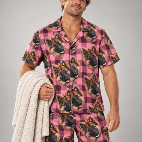 Men's Pink Plaid Pajama Set with Your Pet's Face