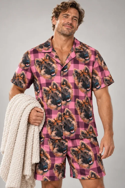 Men's Pink Plaid Pajama Set with Your Pet's Face