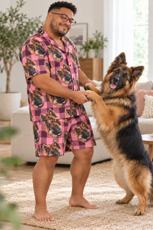 Man in glasses holds the paws of his standing German shepherd in a bright living room, in a pink plaid pajama set