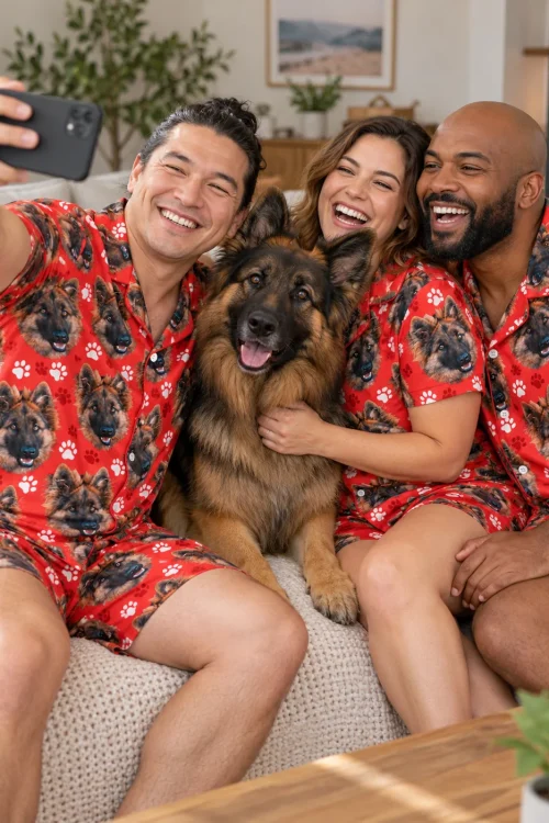 Three adult friends take a sofa selfie with a German shepherd, all in red paw print German shepherd pajama sets