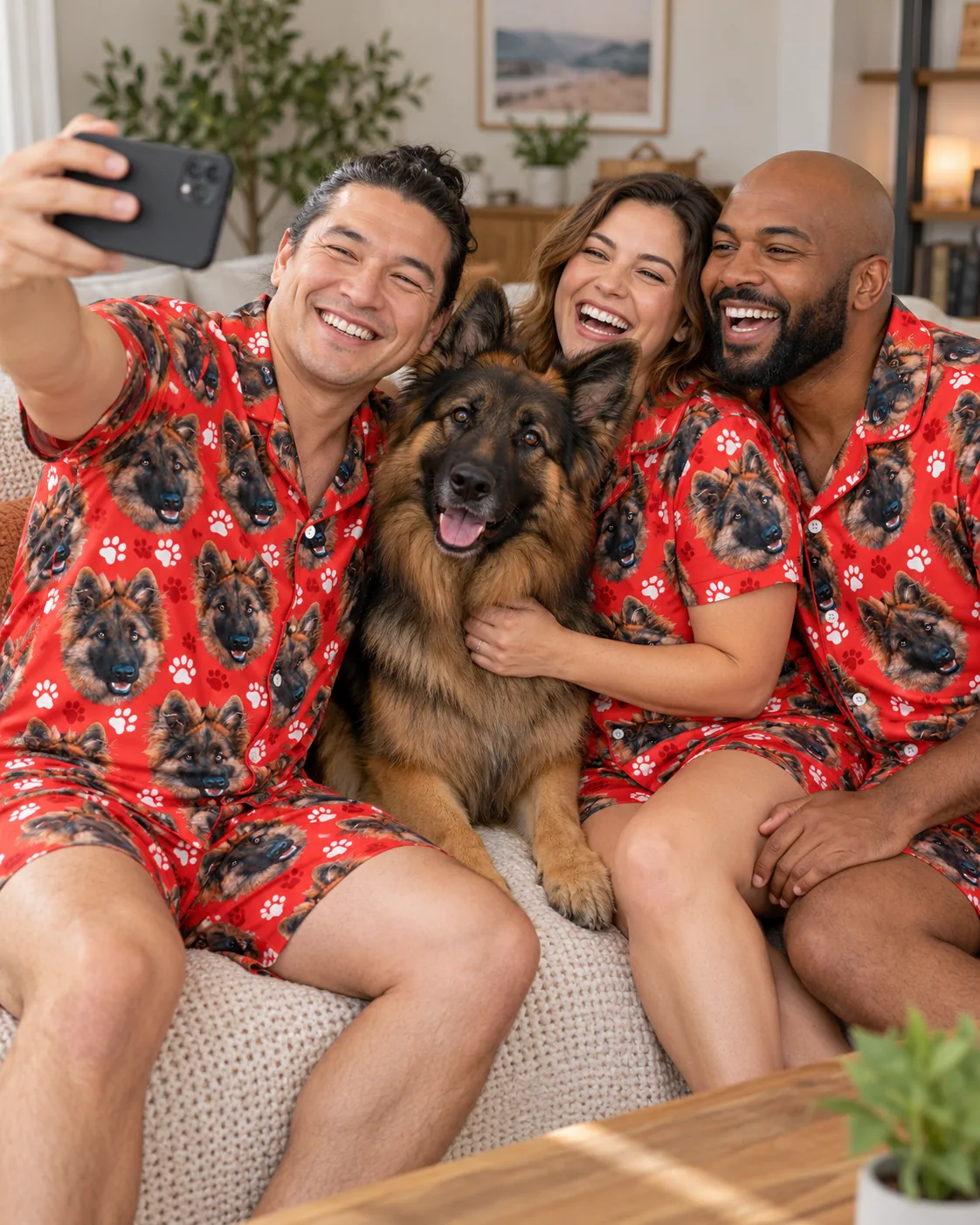 Three adult friends take a sofa selfie with a German shepherd, all in red paw print German shepherd pajama sets