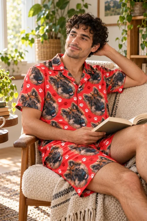 Man reading a book in a cozy armchair by plants in a red paw print short pajama set with German shepherd faces