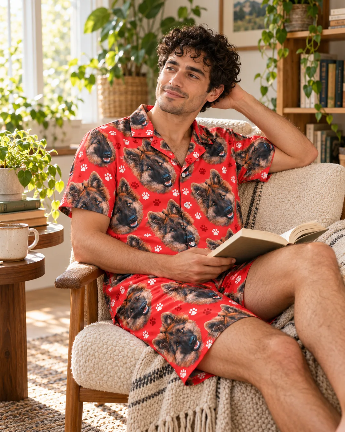 Man reading a book in a cozy armchair by plants in a red paw print short pajama set with German shepherd faces