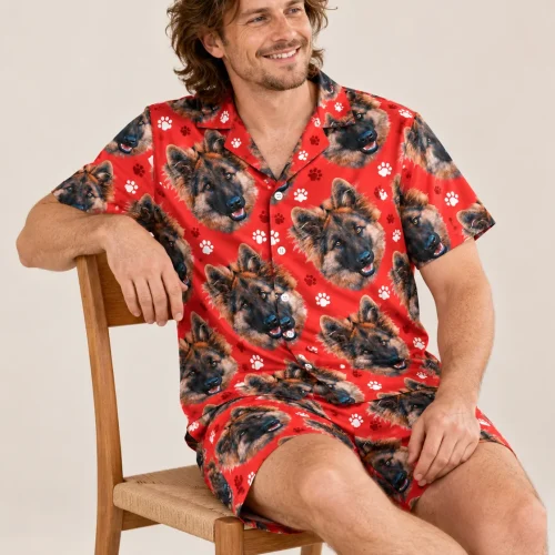 Men's Red Paw Print Pajama Set with Your Pet's Face