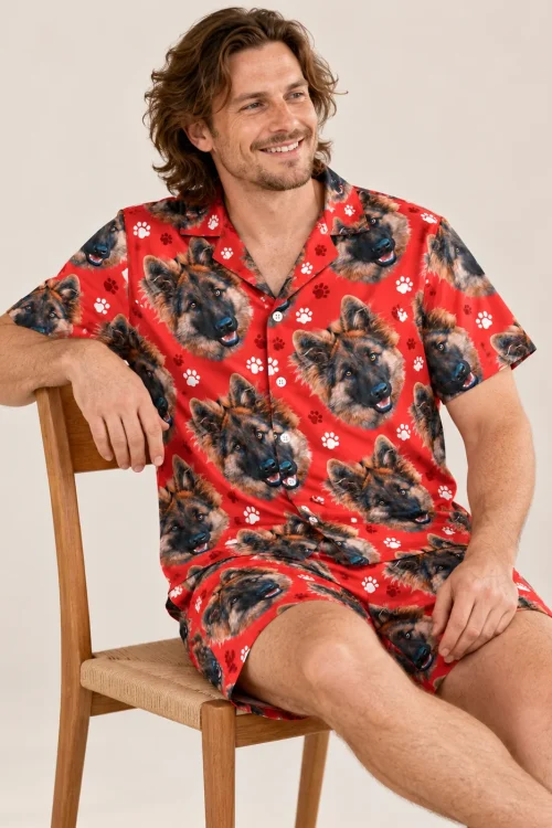 Men's Red Paw Print Pajama Set with Your Pet's Face