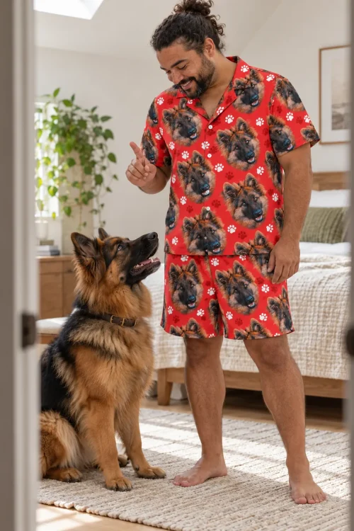 Man in a bright bedroom giving a sit cue to his German shepherd, wearing a red paw print German shepherd pajama set