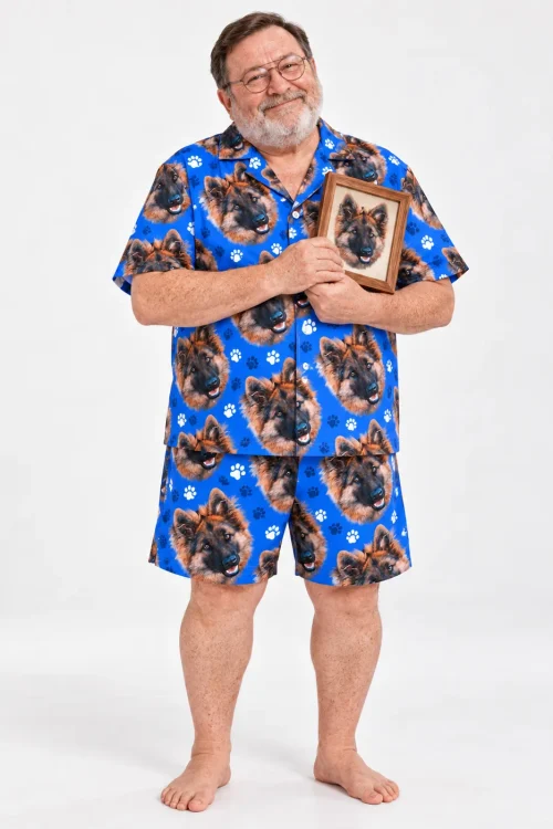 Men's Royal Blue Paw Print Pajama Set with Your Pet's Face
