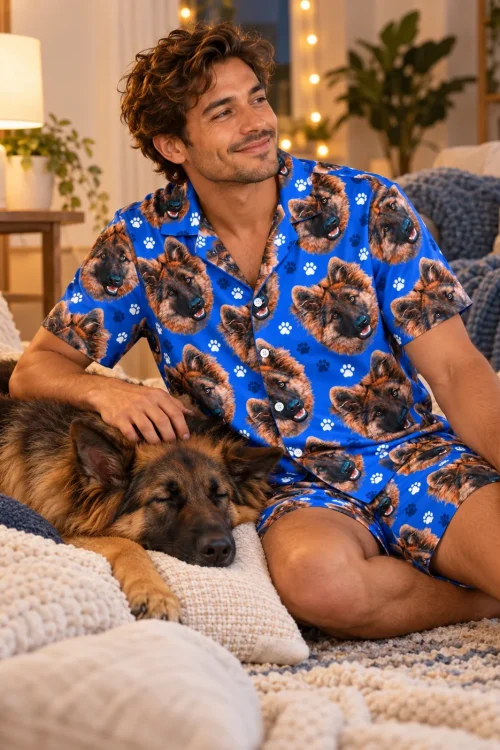 Man pets his sleeping German shepherd on cozy cushions, wearing a royal blue paw print German shepherd pajama set