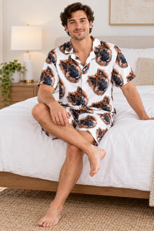 Man sitting on a bed in the men's pet face pajama set