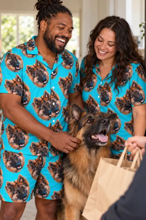 Couple in matching teal German shepherd short pajama sets greet a delivery at the door with their happy German shepherd