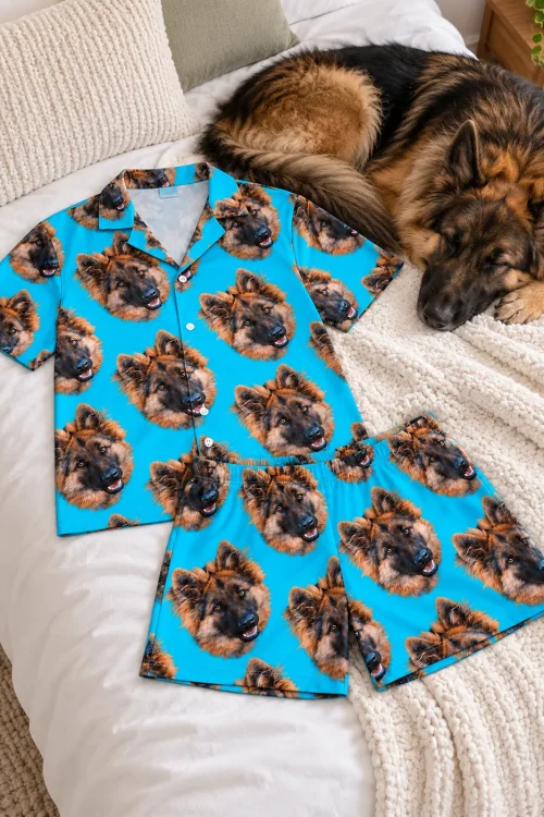 Teal German shepherd face short pajama set laid flat on a bed beside a sleeping long-haired German shepherd