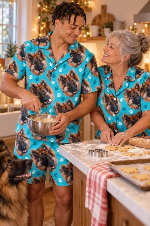 Man and older woman bake cookies in teal paw print German shepherd pajama sets while their German shepherd watches