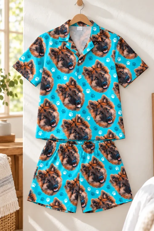 Teal paw print short pajama set with German shepherd faces hanging on a wall hanger in a sunny bedroom