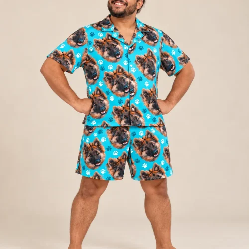 Men's Teal Paw Print Pajama Set with Your Pet's Face