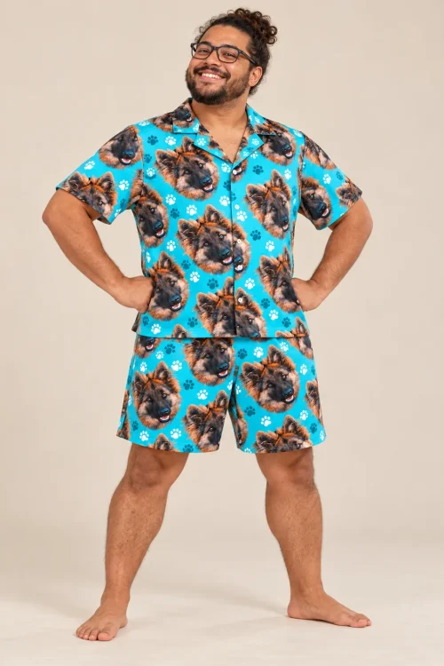 Men's Teal Paw Print Pajama Set with Your Pet's Face