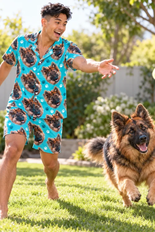 Man throws a tennis ball to his German shepherd on a sunny lawn, wearing a teal paw print German shepherd pajama set