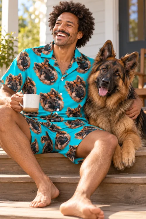 Laughing man with coffee on sunny porch steps hugs his German shepherd, wearing a teal German shepherd face pajama set