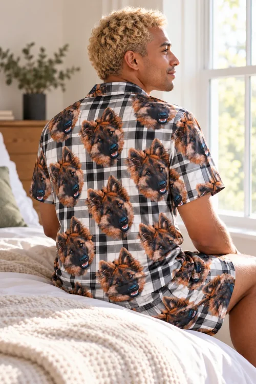 Back view of man sitting on a bed by a sunny window in a white plaid short pajama set with German shepherd faces