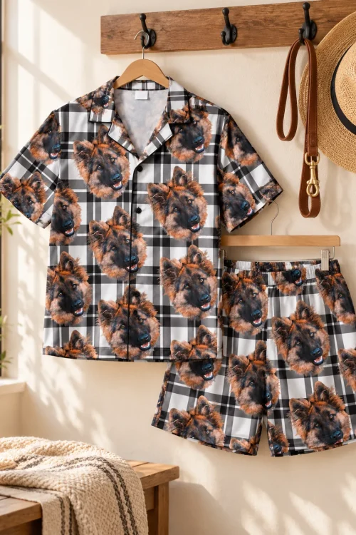White plaid short pajama set with German shepherd faces on wall hangers beside a leather leash and a straw hat