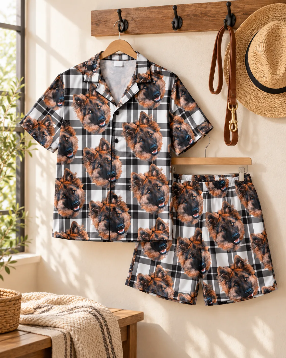 White plaid short pajama set with German shepherd faces on wall hangers beside a leather leash and a straw hat