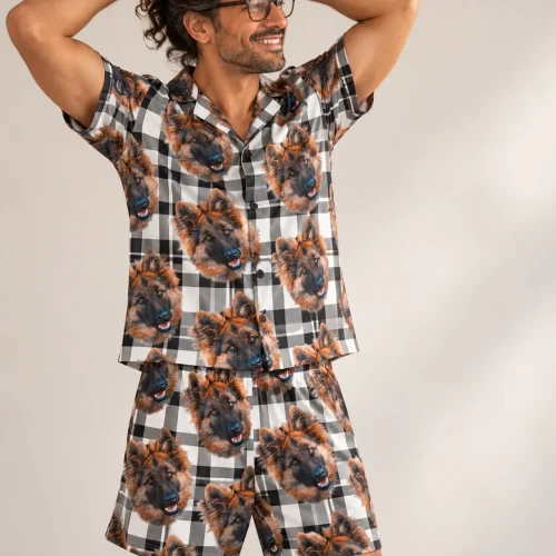Men's White Plaid Pajama Set with Your Pet's Face