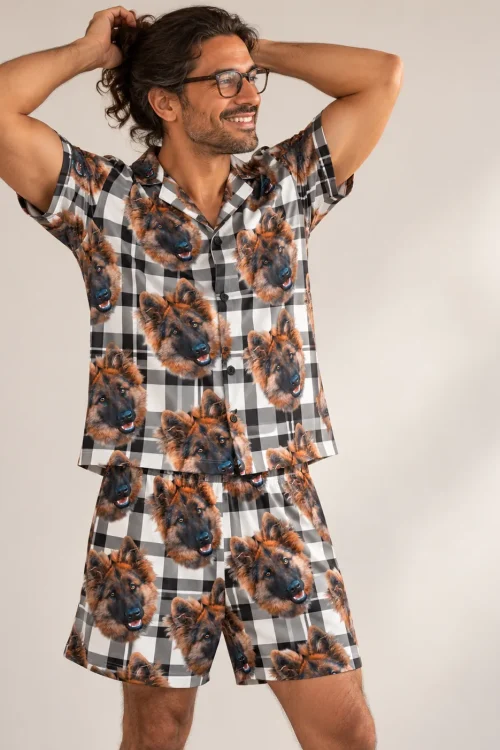 Men's White Plaid Pajama Set with Your Pet's Face