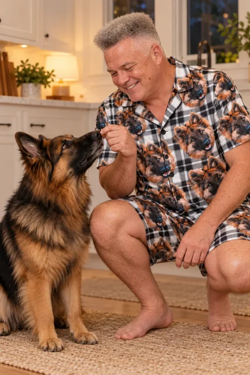 Man crouches in a kitchen giving a treat to his German shepherd, wearing a white plaid German shepherd pajama set