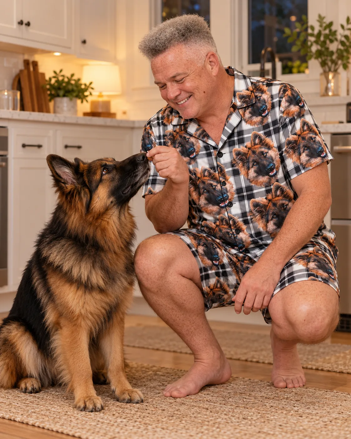 Man crouches in a kitchen giving a treat to his German shepherd, wearing a white plaid German shepherd pajama set