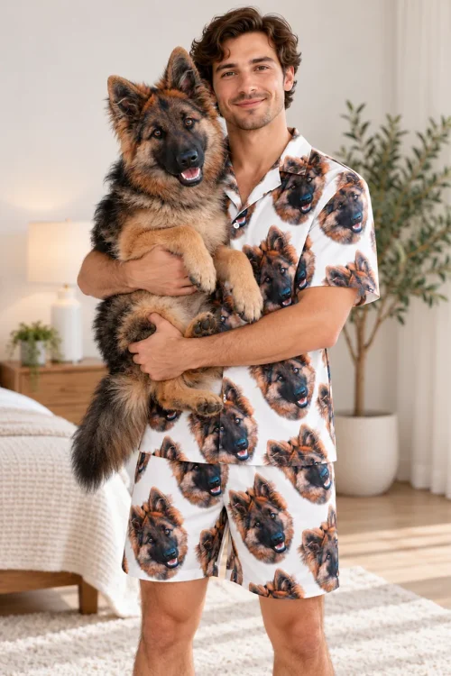 Man holding his German shepherd while wearing a pajama set with the same dog's face