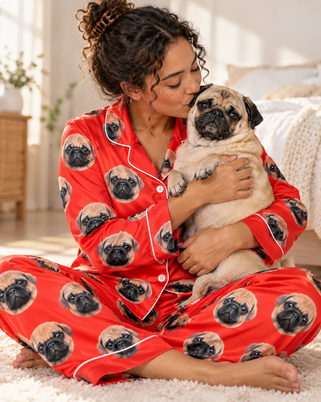 Woman in red satin pajamas printed with her pug's face, kissing the pug while its face looks straight ahead