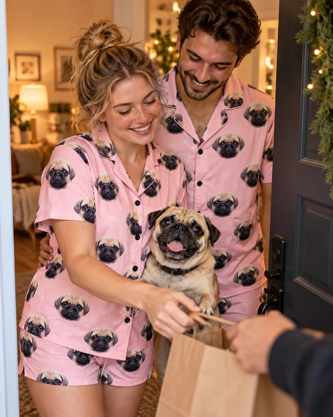 Couple in pink short pajama sets printed with their pug's face, taking a delivery at the front door