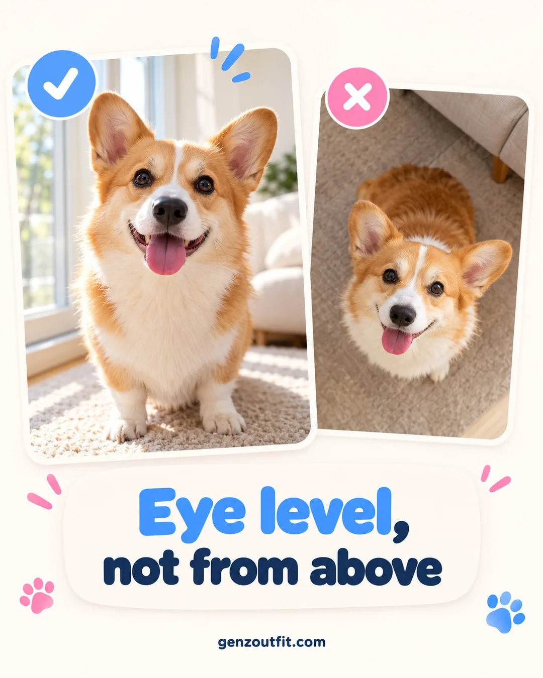 Pet face print photo tip: corgi photographed at eye level approved, the same corgi shot from above rejected