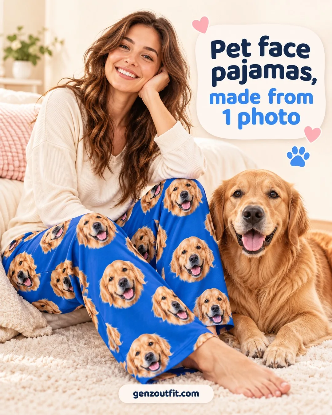 Woman in blue pajama pants printed with her golden retriever's face, the dog beside her: pet face print from 1 photo