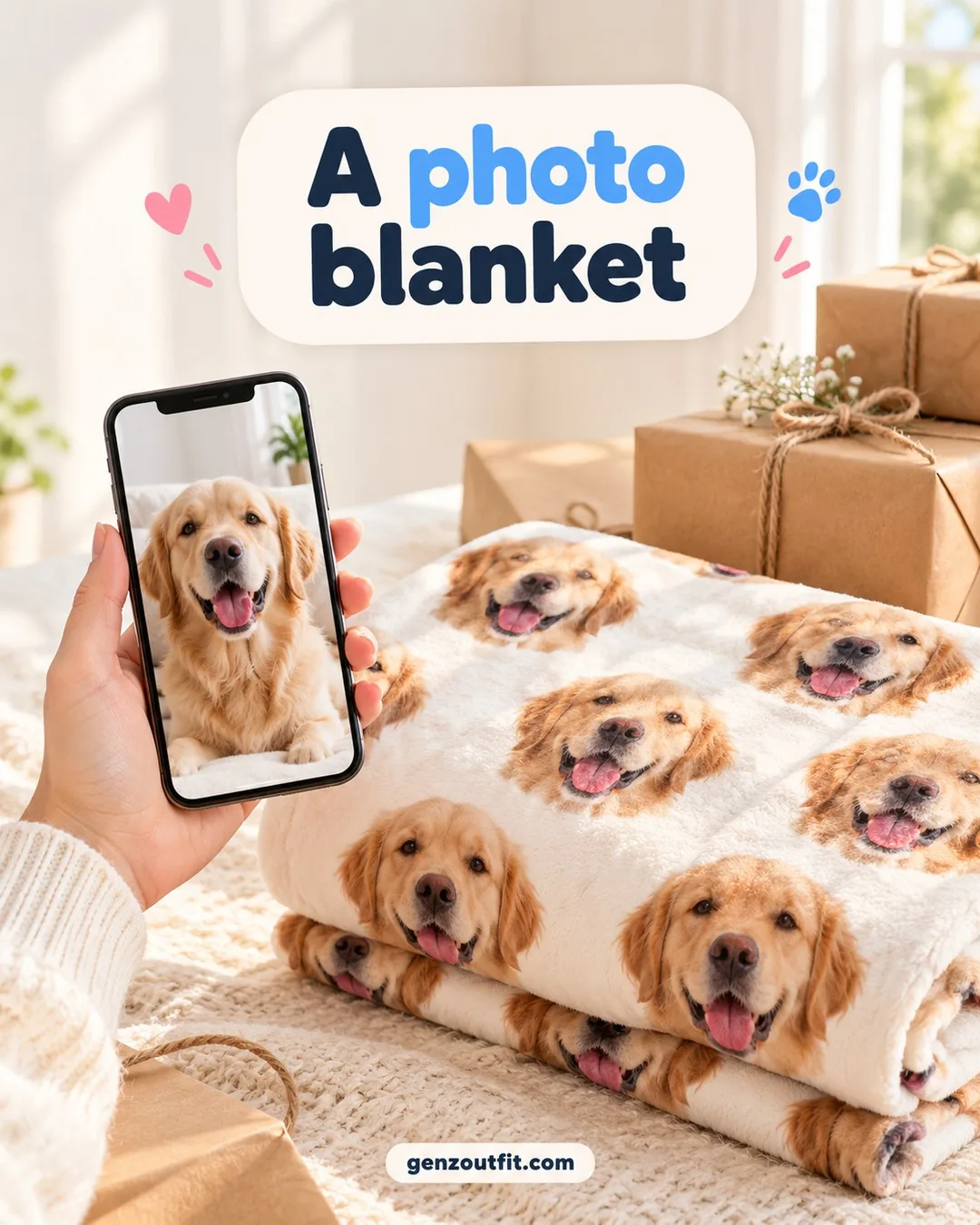 Hand holding a phone photo of a golden retriever over a blanket with the same pet face print